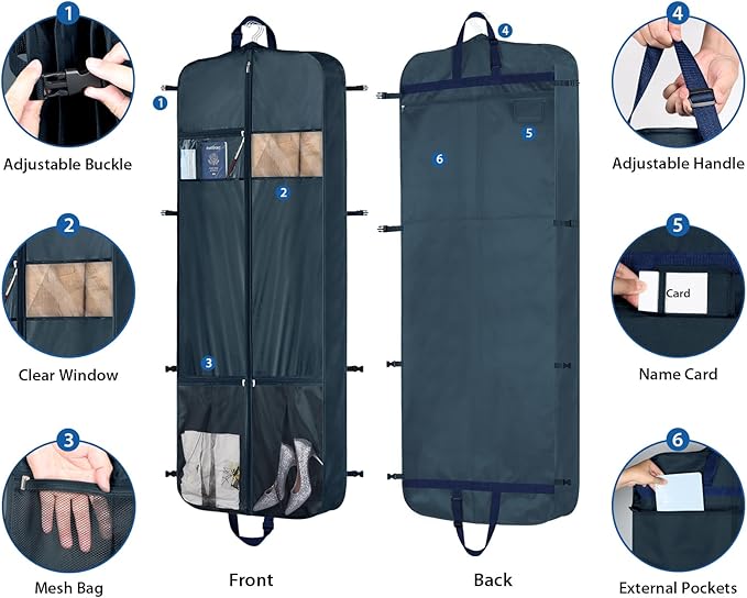 Zilink 60" Garment Bags for Travel Dress Travel Bag for Closet Storage Fur Coat Storage Bag with Adjustable Handles and Stable Buckles for Suits, Dresses, Navy Blue