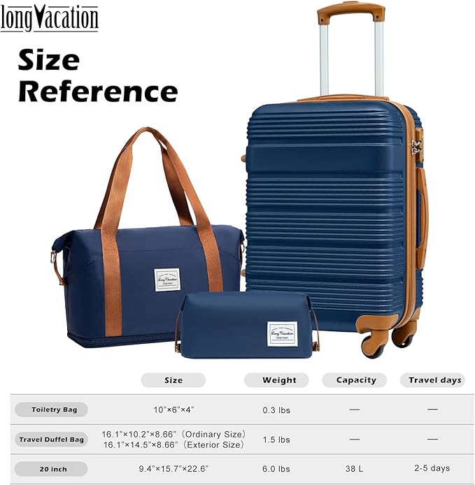 LONG VACATION 3 Piece Carry On Luggage 20 Inch Suitcase with Spinner Wheels, ABS+PC Hardshell Suitcase set with TSA Lock & YKK Zipper