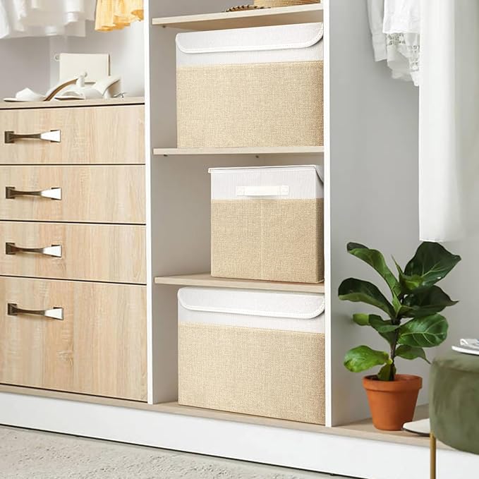 Large 17" 42 Quarts Collapsible Stackable Storage Bins with Lids [3-Pack] Foldable Fabric Linen Storage Boxes Cube, Closet Organizer Baskets with Label (16.7 x 12 x 12, Beige & White)