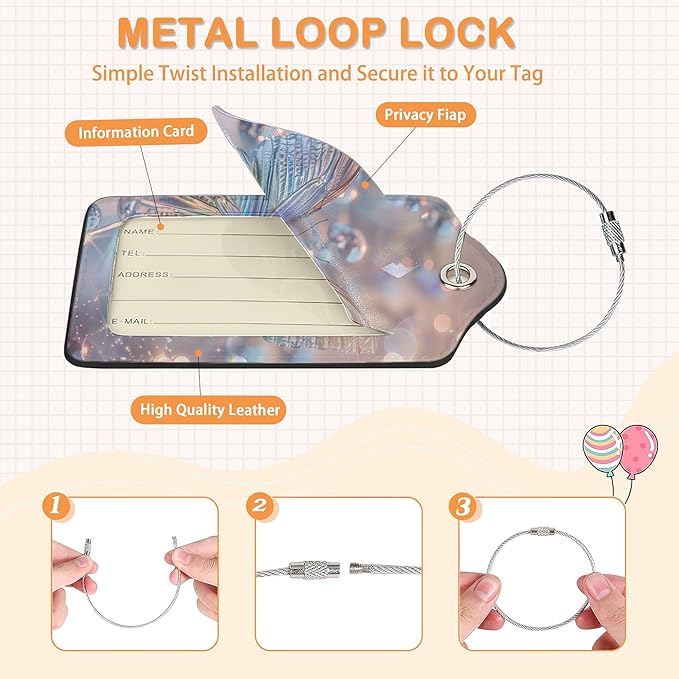 Starlit Crystal Butterfly PU Leather Luggage Tags for Suitcase, Travel Cruise 3 Pack with Privacy Flap, Name ID Label and Metal Loop for Women Men Girls Baggage Bag Backpack