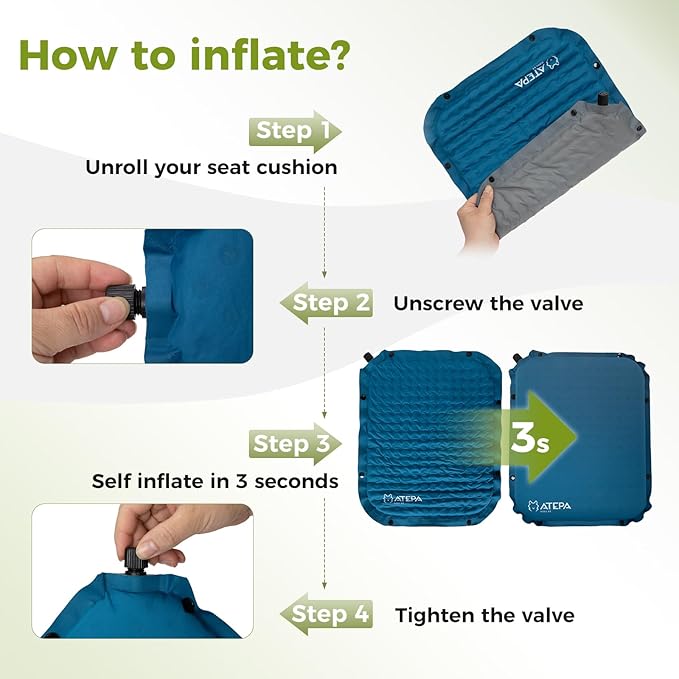 ATEPA Inflatable Stadium Seat Cushion, Self-Inflating Memory Foam Stadium Seats Bleacher Seat Chair Cushion Pad for Airplane Travel Backpacking Sports Events