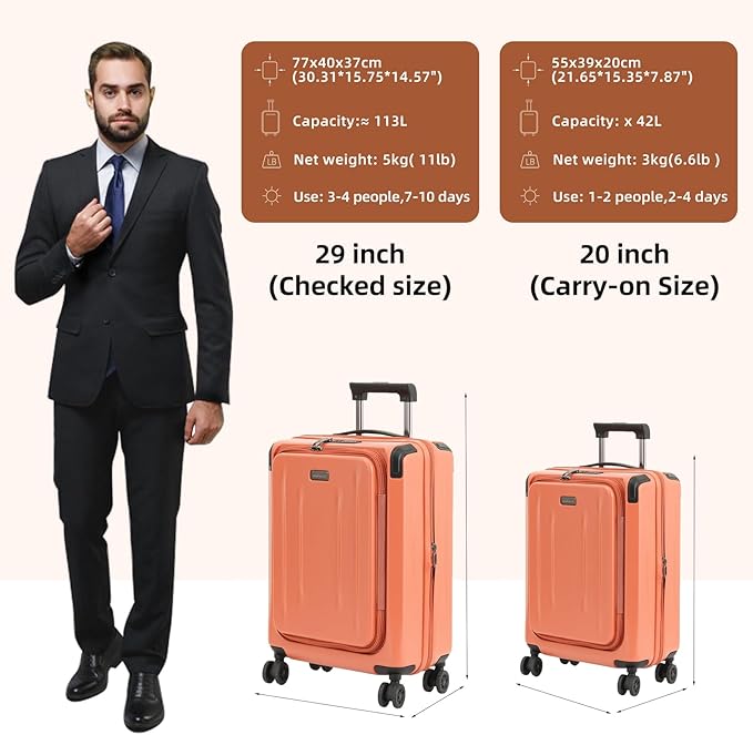 Carry On Luggage, 20Inch & 29 Inch Top Opening Airline Approved ABS+PC Hard Shell Suitcases with Silent Wheels, TSA Lock,Front Pocket and Wet-dry Separated Six-piece Set (AD Orange, 20Inch & 29 Inch)