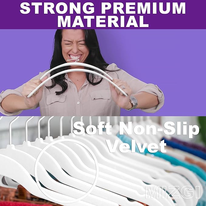 MIZGI Premium Velvet Hangers (50 Pack) Heavy Duty - Non Slip Felt Hangers - Velvet Suit Hanger White - White Coated Hooks,Space Saving Clothes Hanger