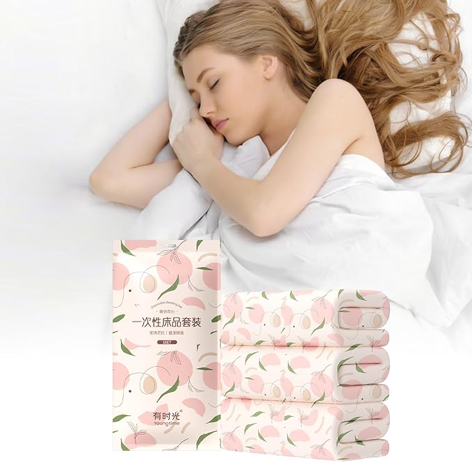 YOUNGTIME Disposable Bed Sheets Fitted Sheet,Disposable Portable Bedding Set with Bed Sheet Quilt Cover and Pillowcase for Travel Hotel SPA,Peach
