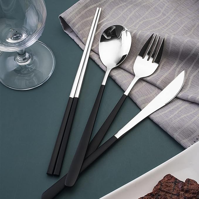 VANRA 4-Piece Portable Travel Utensils Set with Case 18/8 Stainless Steel Flatware Set Reusable Cutlery Set with Fork Spoon Knife Chopstick for Lunch Travel Camping School Work Picnic (Black)