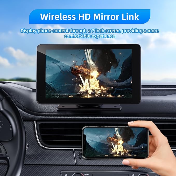 Wireless Apple Carplay and Android Auto Screen for Car, 7" HD Portable Touch Screen Car Stereo with Bluetooth, Backup Camera, Navigation, Mirror Link for All Vehicles