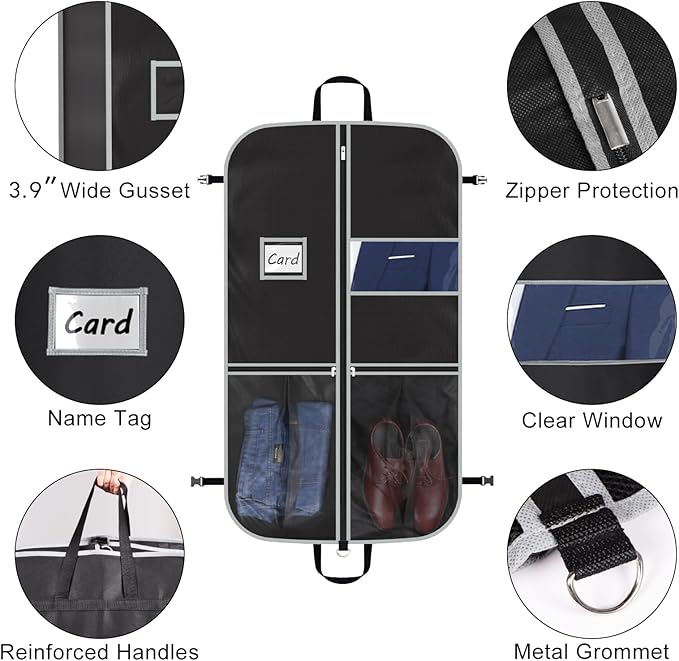 Zilink Upgrade 43" Garment Bag for Suit, Leather,Fur, Mink Coat and Sweater with 3.9" Gusset and Stable Buckles Heavy Duty, Hanging, Breathable, Foldable Travel and Wardrobe Clothes Protector
