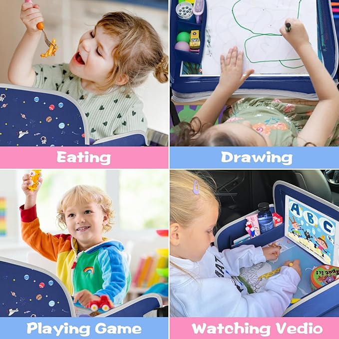 MENZOKE Car Seat Tray for Kids with Educational Drawing Board, Tablet Holder & Cooler Cup Holder, Essential for Car Travel & Airplane Trips, Space Pattern Design, Dark Blue