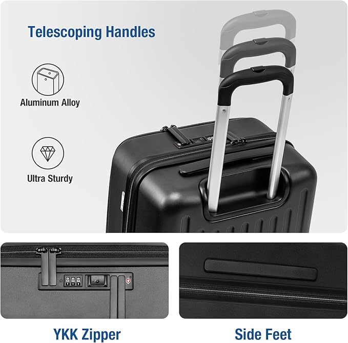 KYME Luggage Sets, 100% PC Suitcase With Double Spinner Wheels & TSA Lock, Hard Shell 3 Piece Set, 22/26/30, Black