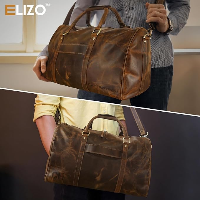ELIZO Personalized Leather Duffle Bag For Men Women REAL FULL GRAIN Custom Travel Overnight Weekender Carry On Luggage Sports Gym Bags (Antique 20 Inch) Origin
