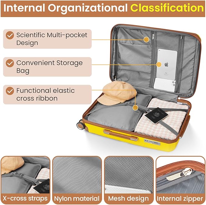 Campfun Luggage Sets 4 Piece, Expandable Carry On Luggage Set Hardshell PP, Suitcase Set with Double Spinner Wheels, Checked Durable Lightweight with TSA Lock, 14/20/24/28in, Yellow Brown(B)