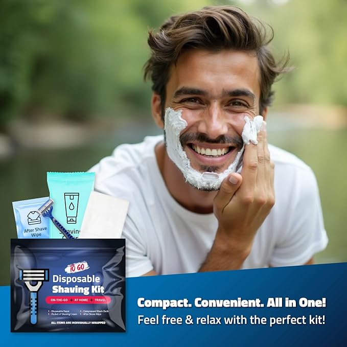 Shaving Kit with Razor, Shaving Cream, Washcloth & Aftershave Wipe – Men’s Travel Shave Set for Hotels, Shelters & Outreach – Disposable Grooming Pack (Blue) (50)