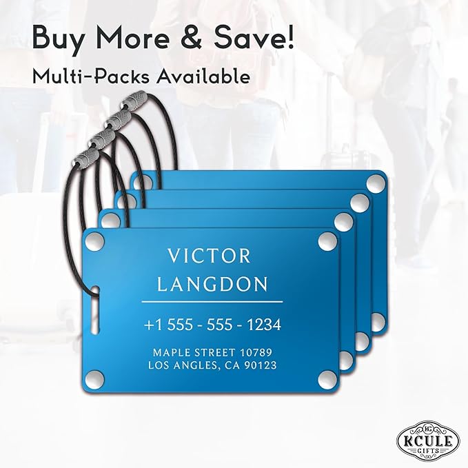 Personalized Luggage Tags for Suitcases - Aluminum Custom Luggage Tags for Backpacks & Bags, Sturdy, Waterproof & Heavy Duty (Blue/Card-Sized)