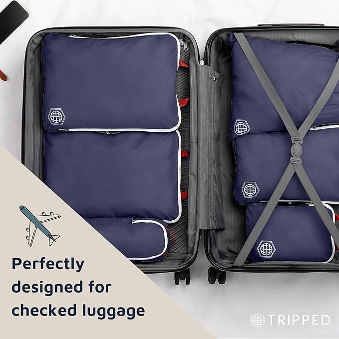 Large Compression Packing Cubes 6 Piece Set for Travel with Lightweight Laundry Bag for Carry-On Suitcase by TRIPPED Travel Gear (Navy)