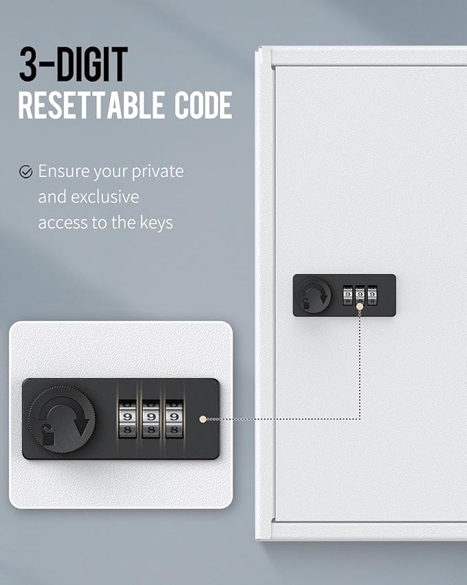 Uniclife 60 Position Slotted Key Cabinet with Combination Lock Resettable White Digital Security Storage Box Steel Key Organizer with Slotted Racks White Key Tag Labels and Permanent Pen