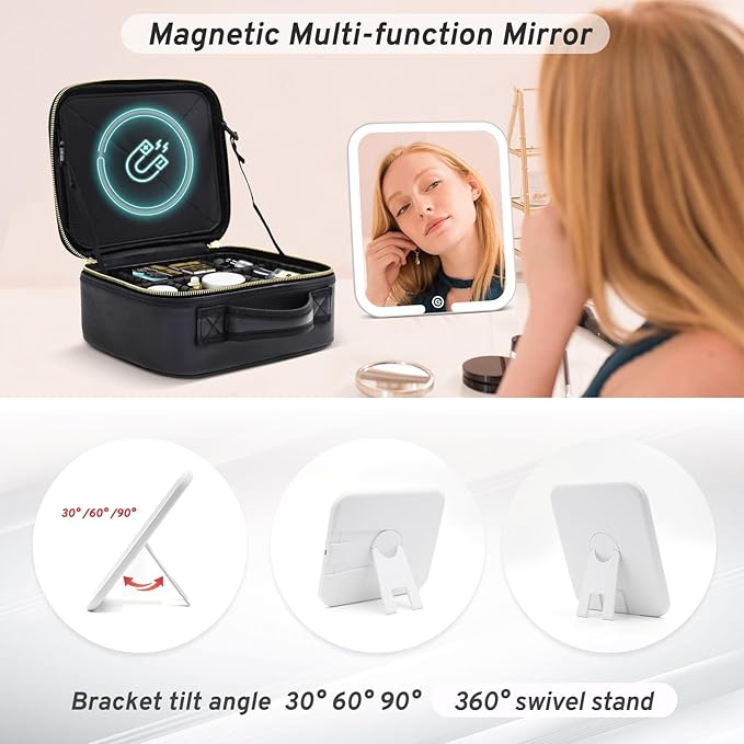 Travel Makeup Bag with Magnetic Removable Lighted Mirror, Cosmetic Bag Organizer with Mirror 360° Angle, Tri-Color LED Lighted Makeup Case, Portable Makeup Travel Train Case with Adjustable Dividers