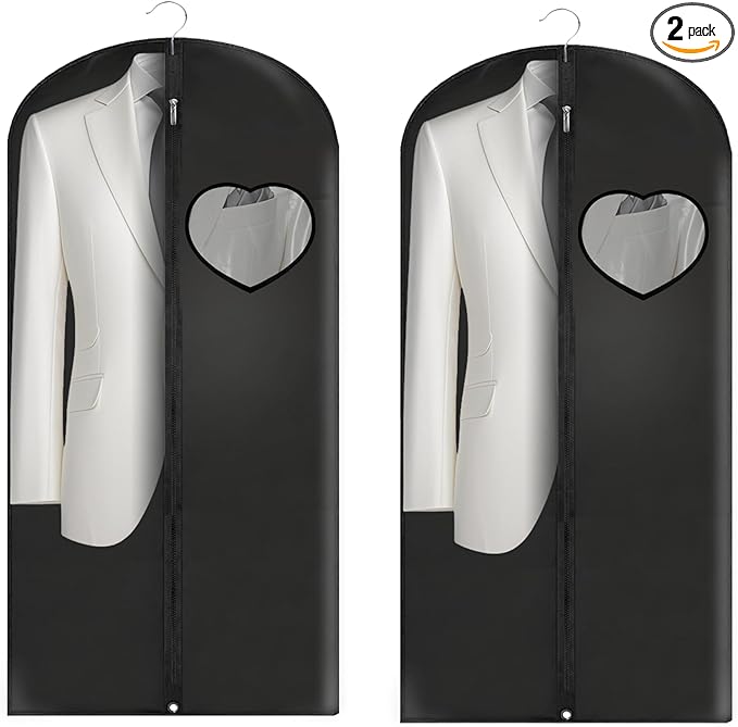 Dress Bags for Gowns Long, 45'' Garment Bags for Hanging Clothes, Suit Bag Cover for Storage and Travel, with Clear Heart Window, 2 Pack (Black)
