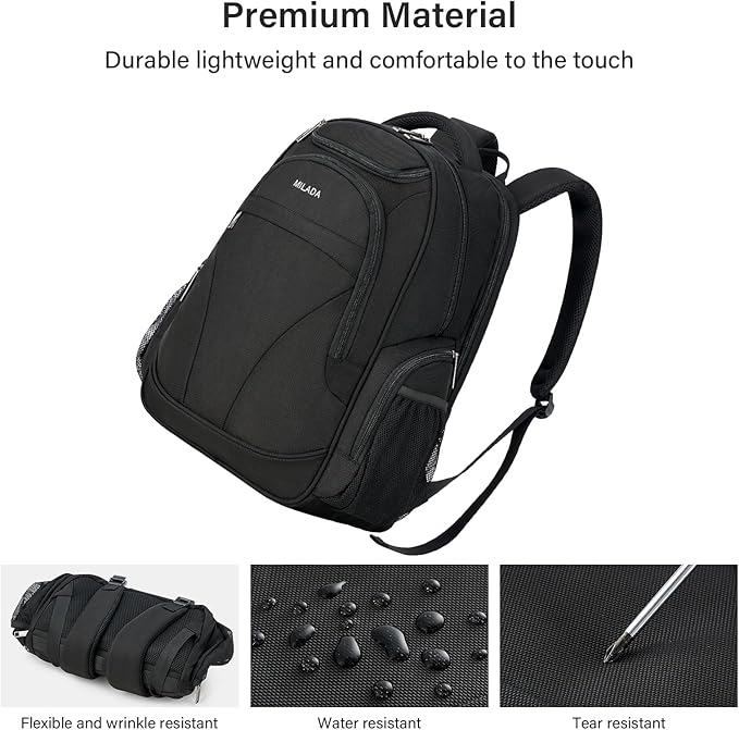 MILADA Travel Backpack For Men Laptop Backpack Women Business Carry On Backpack Airline Approved Fits 16.5 Inch Laptop Bag Work Backpack, Black