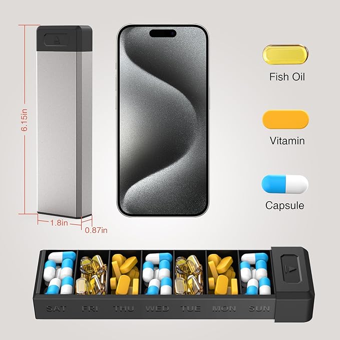 HEIYING Pill Organizer with Aluminum Shell for One Week Capacity, Portable 7 Compartments Pill Box Container to Hold Vitamin, Medicine, Supplements