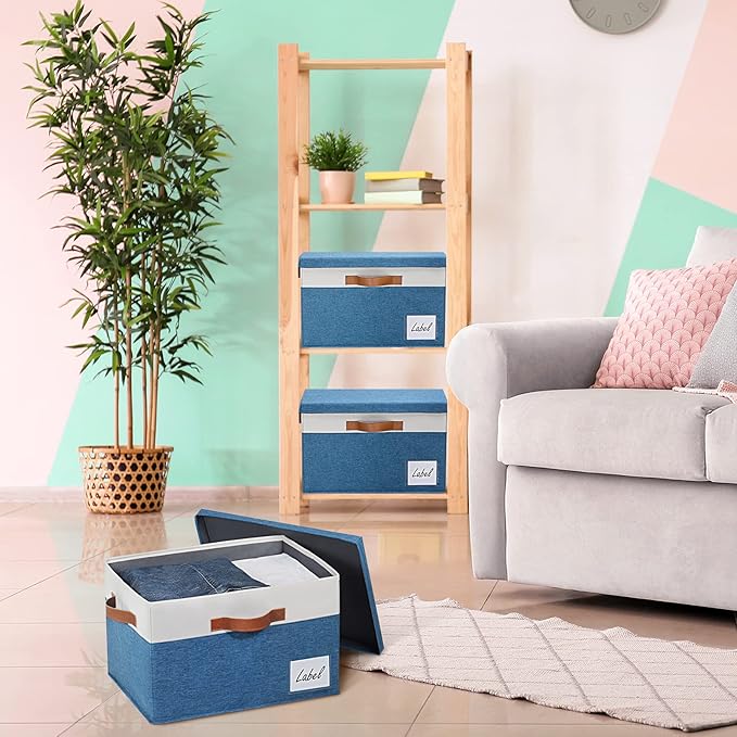 GhvyenntteS Fabric Storage Bins with Lid 6 Pack, Large Decorative Storage Boxes with Lids and Handles, Foldable Fabric Storage Baskets with Lid and Label for Home Office (Blue, 15" x 11" x 9.7")