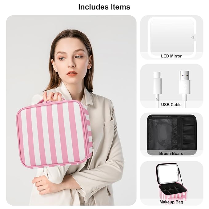 Makeup Bag With LED Mirror, Travel Makeup Case with Light up Mirror Large Cosmetic Case with 3 Color Lighted Portable Organizer Bag with Adjustable Dividers (Pink/White Stripes, Small)