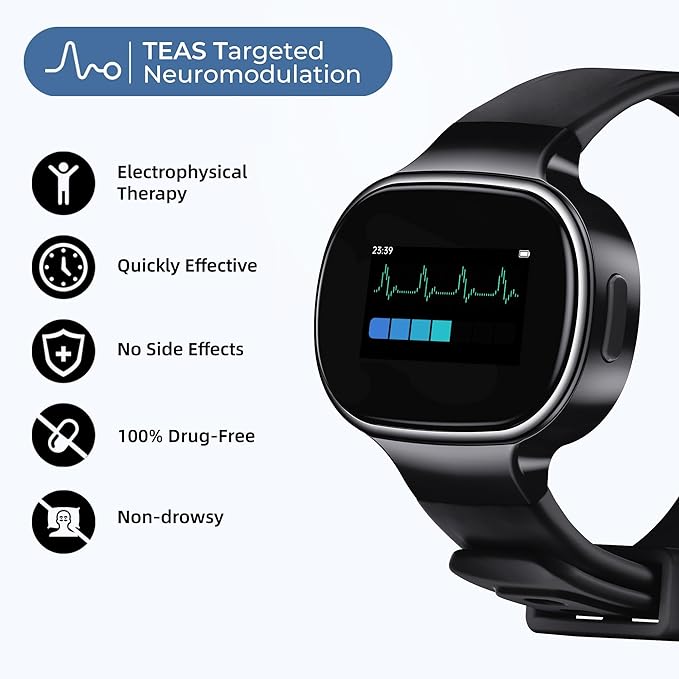 EmeTerm Smart FDA-Cleared Anti-Nausea Wristwatch Touchscreen IP67 Waterproof Morning Motion Sickness Relief Rechargeable Fast Acting Drug Free (2 Pack Black with Extra Gel)
