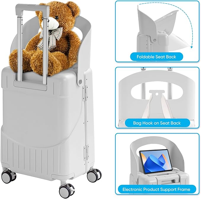 TABU 20" Ride-on Luggage with Seat For Kids & Adults，Carry On Hardshell Ride On Suitcase with 360° Lockable Spinner and TSA Lock, White