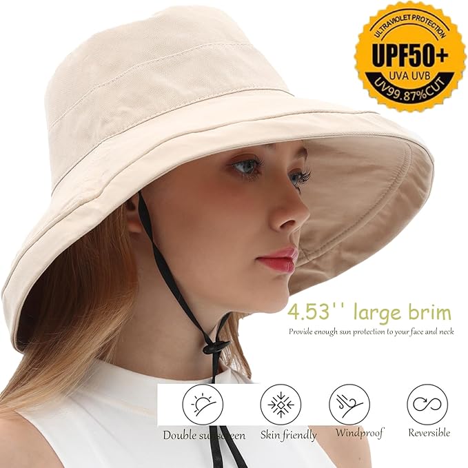 vidsel Womens Sun Hats Wide Brim Reversible Bucket Cotton Hat Packable Summer Travel Cap with Hat Clip,UV Protection