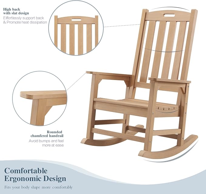 Psilvam Oversized Outdoor Rocking Chair Set of 2, Porch Rocker with 21" Wide Seat and 32" Tall Backrest, Pre-Assembled with Most Components for Effortless Installation (Teak Color)