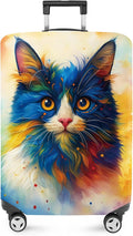 ANNA QUEEN Colorful Cat Luggage Cover, Artistic Blue Cat Design with Rainbow Colors, Stretchable, Washable Travel Sleeve for 32-34 Inch Suitcases