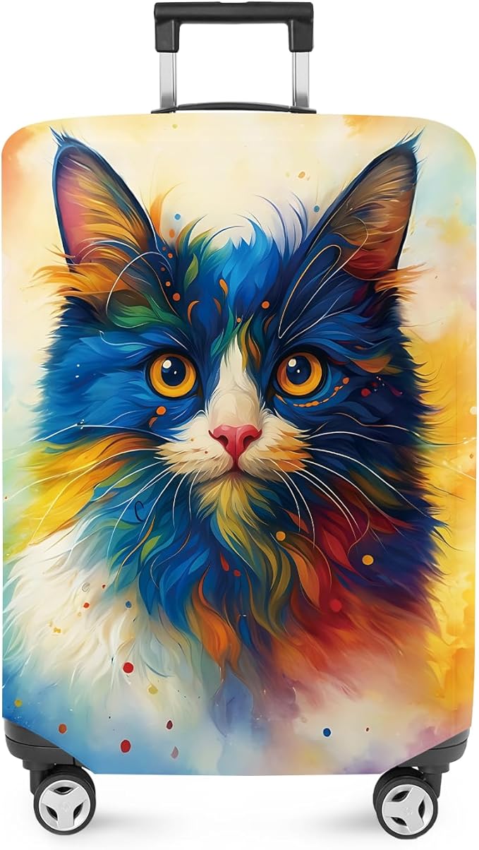 ANNA QUEEN Colorful Cat Luggage Cover, Artistic Blue Cat Design with Rainbow Colors, Stretchable, Washable Travel Sleeve for 24-26 Inch Suitcases