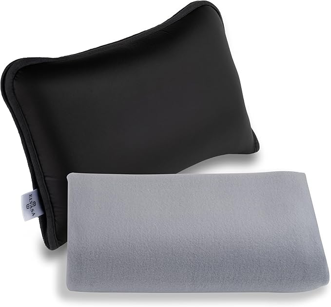 Elvasa Travel Blanket and Pillow Set – Compact Lightweight Throw for Train, Car – Small, Portable Fleece – Long Flight Must Haves – Airplane Comfort Kit – Multi-Use Quillow for Travel (Black)
