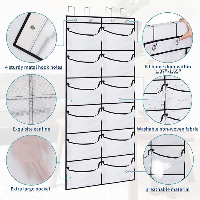 2 Packs Over the Door Shoe Organizer, 24 Extra Large Mesh Pockets Hanging Shoe Boots Rack Holder, Closet Hanging Organizers for Storage Sneakers High Heeled Shoes Slippers (White)