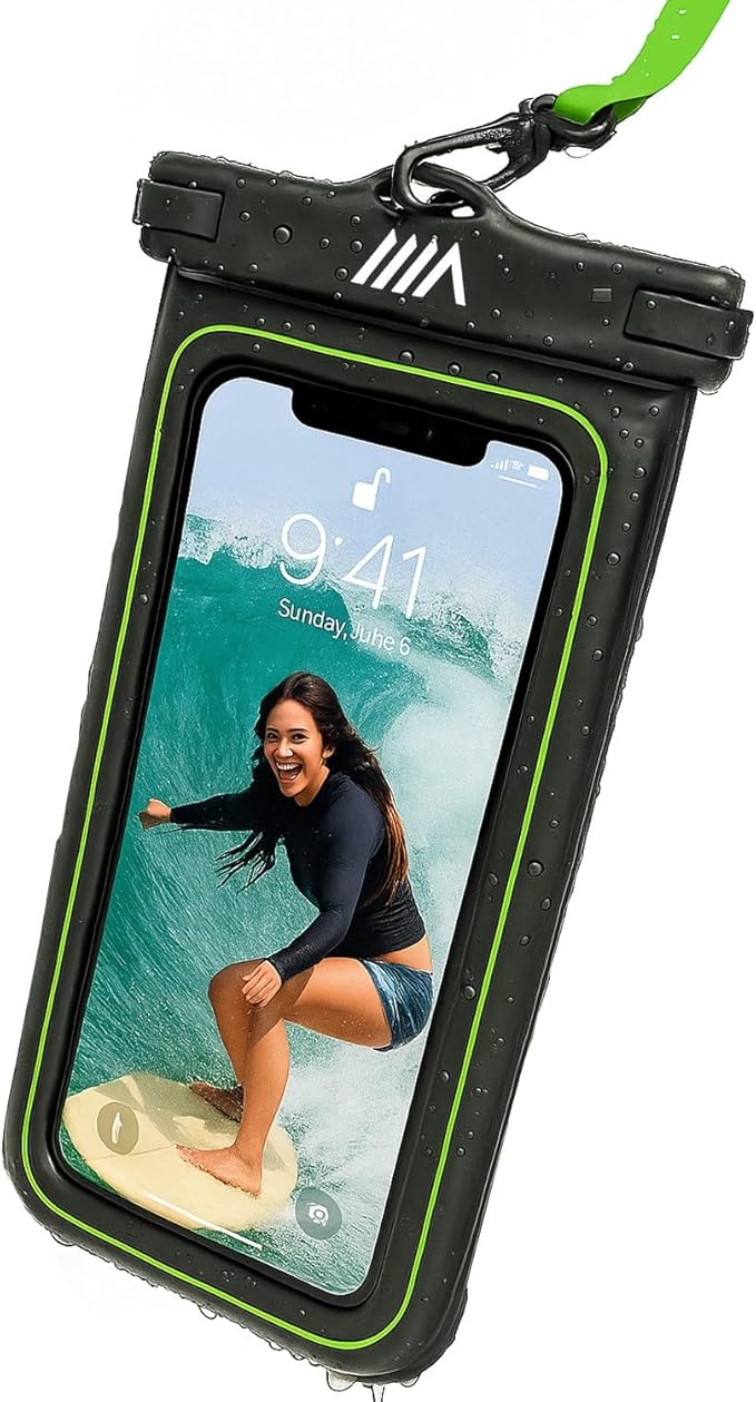 【2025 Upgraded】 1 Pack Black - IP68 Waterproof Phone Pouch Floating Design No Sink Waterproof Phone Case - Beach Pool Travel Essentials - Works w/All Phones - Detachable Lanyard - Black/Hi-Vis Green
