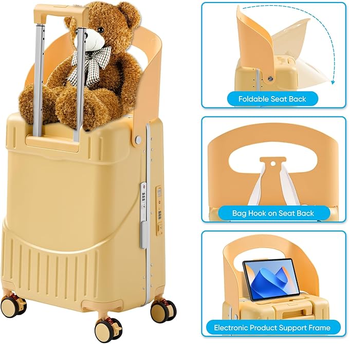TABU 20" Ride-on Luggage with Seat，Front Opening Carry-On Hardshell Ride On Suitcase with Built-in Charging Port, 360° Lockable Spinner and TSA Lock, for Kids & Adults, Yellow