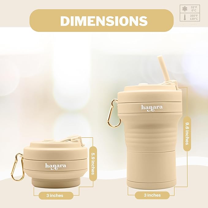 Collapsible Cup with Reusable Straw – 18 Oz (550 Ml), Portable Travel Mug, BPA-Free, Leak-Proof, Microwave & Dishwasher Safe, Multi-Purpose for Hot & Cold Drinks – Beige