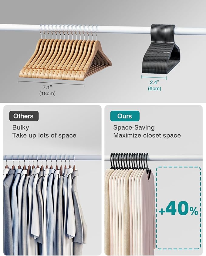 30 Pack Clothes Hangers, Non Slip Plastic Coat Hangers, Space Saving Hangers, Heavy Duty, Hanging Dry Wet Clothes, 16.4" x 8.3", Black, UAPY0530B