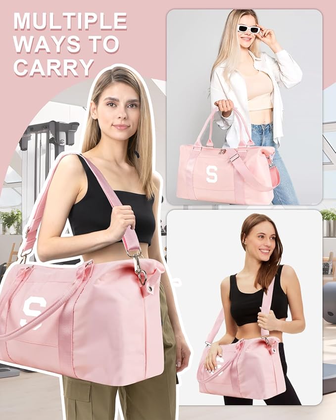 Initial Travel Duffel Bag Sports Gym Bag for Girls Teen Birthday Gifts,Pink Personalized Weekender Bag Carry On Tote Bags for Women Men,Waterproof Overnight Luggage Bag with Trolley Sleeve(Letter S)
