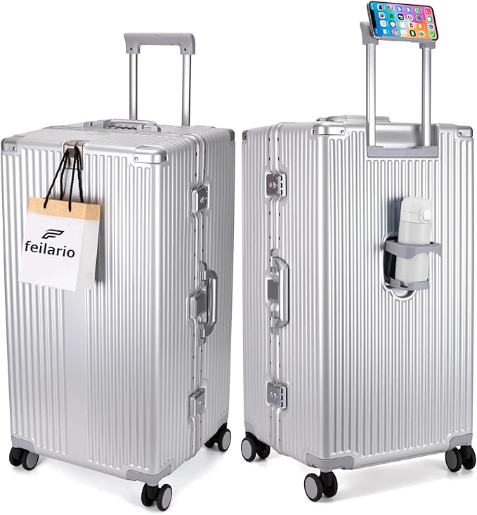 feilario 30in Super Large Captain Aluminum Frame Hardside Spinner Wheels Luggage, Zipperless Checked Suitcase with Cup Holder/Phone Holder