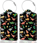 2Pack Luggage Tags for Suitcases, Cute Unique Pu Leather Cruise Luggage Tag with Privacy Cover ID Label Address Card and Metal Ring Suitable for Women Men Kids Travel Bag Dinosaurs and Plants