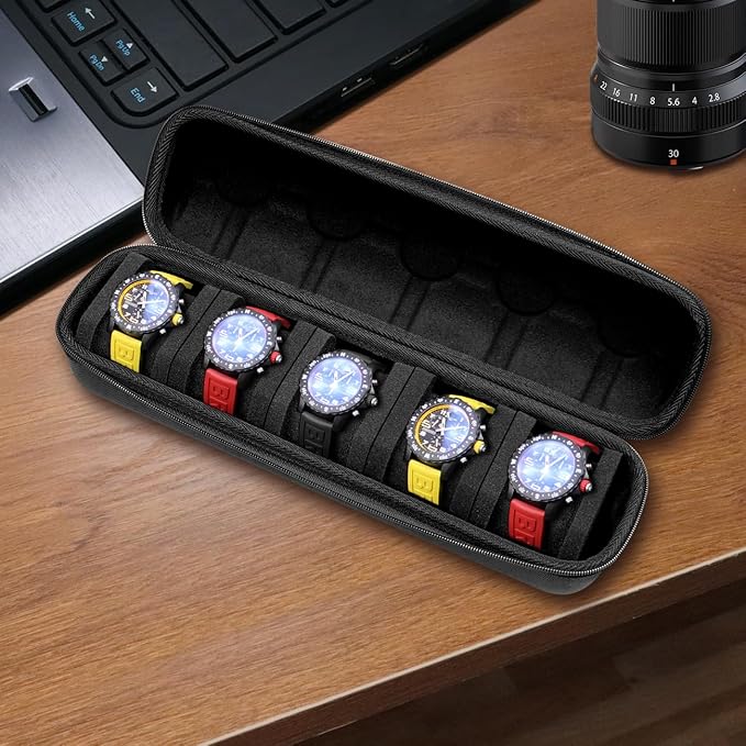 Juntan 5 Slots Hard Watch Travel Case, Portable Nylon Zipper Storage Organizer Box for Men Women with Soft Compressible Foam Pillow Black