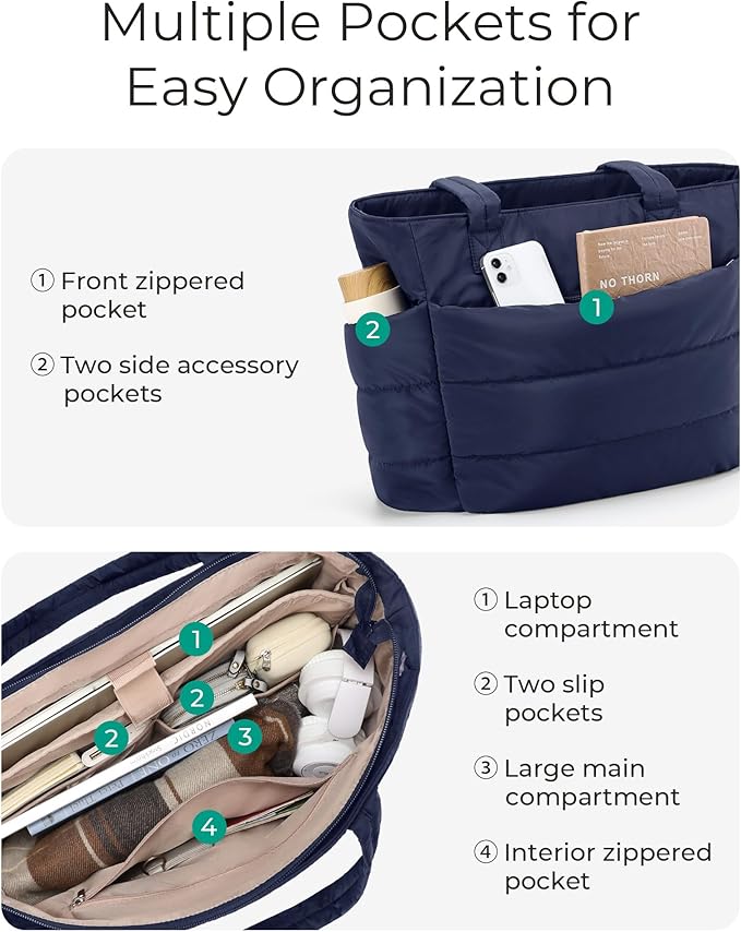 BAGSMART Tote Bag for Women, Lightweight Puffy Tote Bag with Compartments Shoulder Bag Handbag for Travel, Work, Gym,