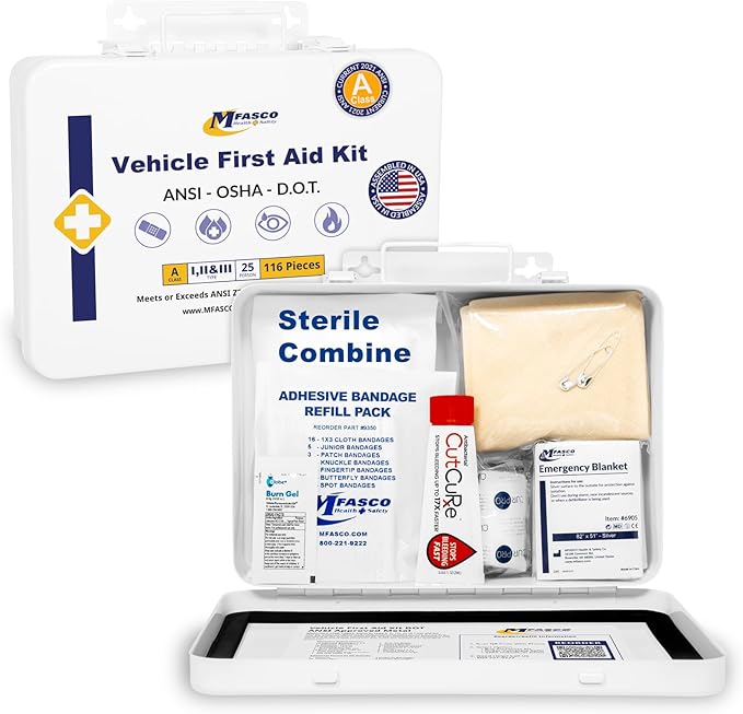 MFASCO Vehicle First Aid Kit - DOT/ANSI/OSHA Compliant - Metal - Portable & Mountable - Waterproof - First Aid Kits for Businesses, Construction, Commercial Vehicles, Workplaces - 115 Pcs