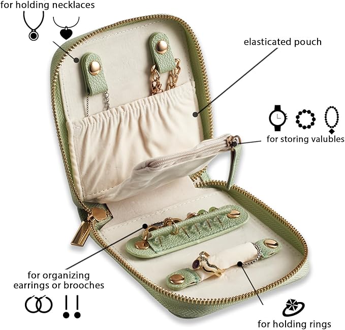 Travel Jewelry Organizer Case - for Tangle-Free Necklaces, Earrings, Rings, Bracelets Storage, Travel Essentials, Fashion Portable Jewelry Travel bags for Women - Small Macaron Green