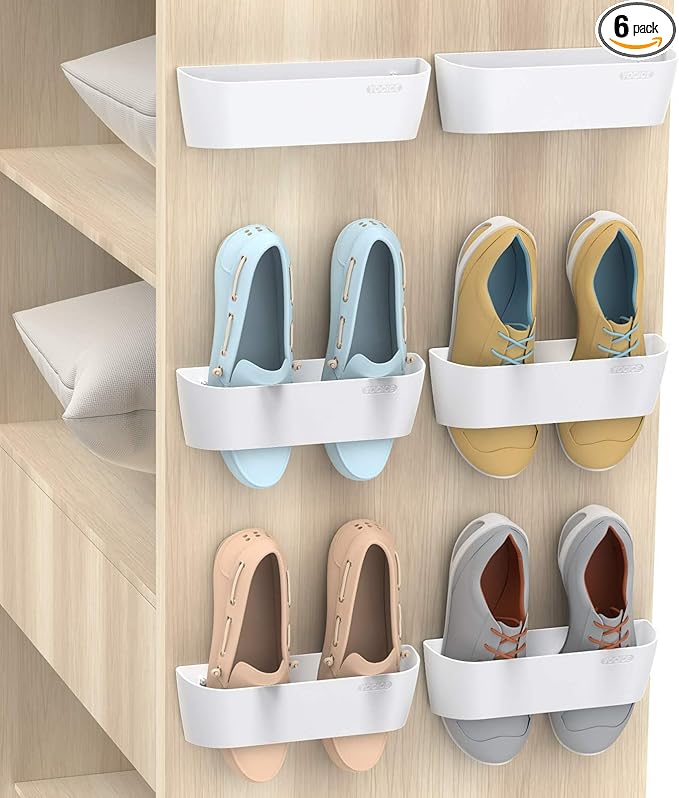 Wall Mounted Shoes Rack 6Pack with Sticky Hanging Strips, Plastic Shoes Holder Storage Organizer,Door Shoe Hangers (SM03-White-6)