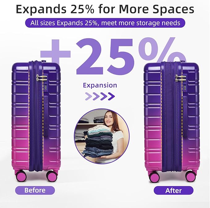 LARVENDER Luggage Sets 5 Piece Hardside Expandable Suitcase with Wheels Lock,PC+ABS Hardside Lightweight Rolling Suitcase for Women and Men,Midnight Berry