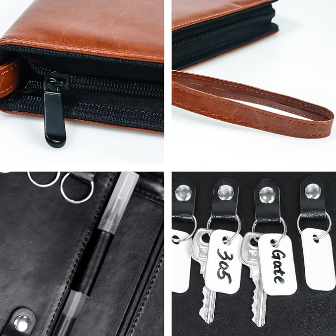 Portable Zippered Key Case, Leather Key Organizer with Handle, 32 Key Capacity, for Real Estate Sales, Hotel Executives, Car Service (Brown)