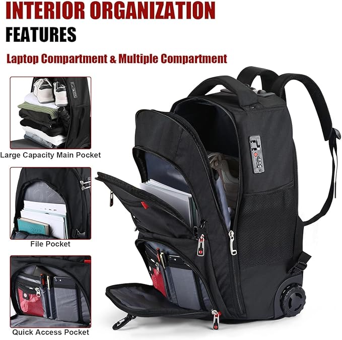 star cloud 21x14x9 Rolling Backpack with Wheels - Water-Resistant, 17.3" Laptop Compartment, Ideal Carry-On for Overnight Travel, College, Work - Wheeled Business Backpack for Adults