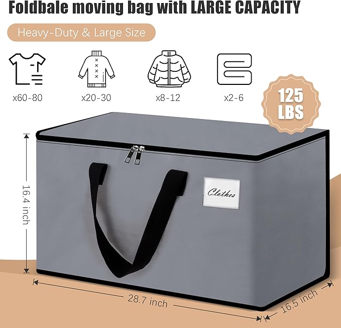 Heavy Duty Moving Bags - Extra Large Packing Bags and Storage Totes, Collapsible and Foldable Option for Moving and Storage, Grey, 125 L - 6 Pack