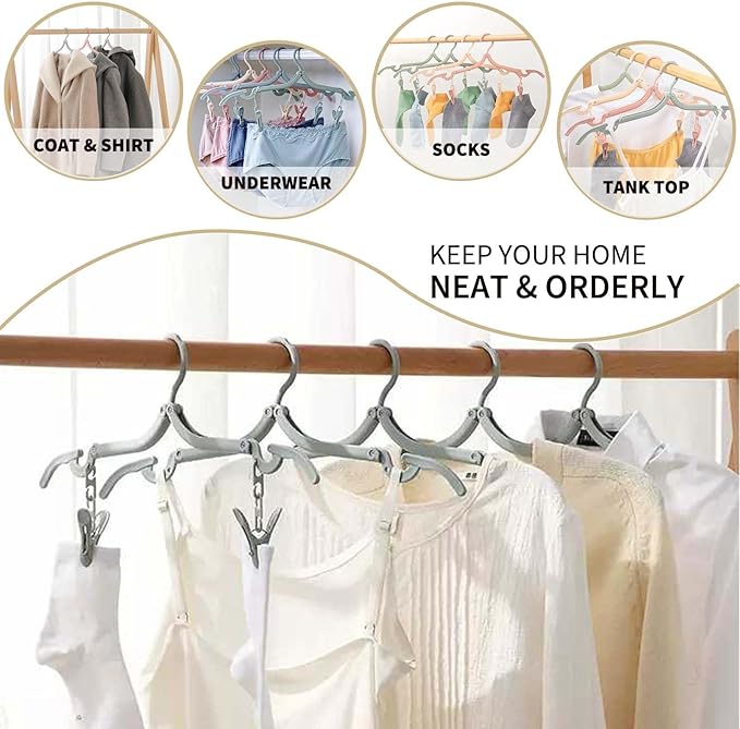 12-Piece Foldable Travel Hangers with Clips - Collapsible Coat Hanger for Pants, Socks, Underwear & Drying Rack